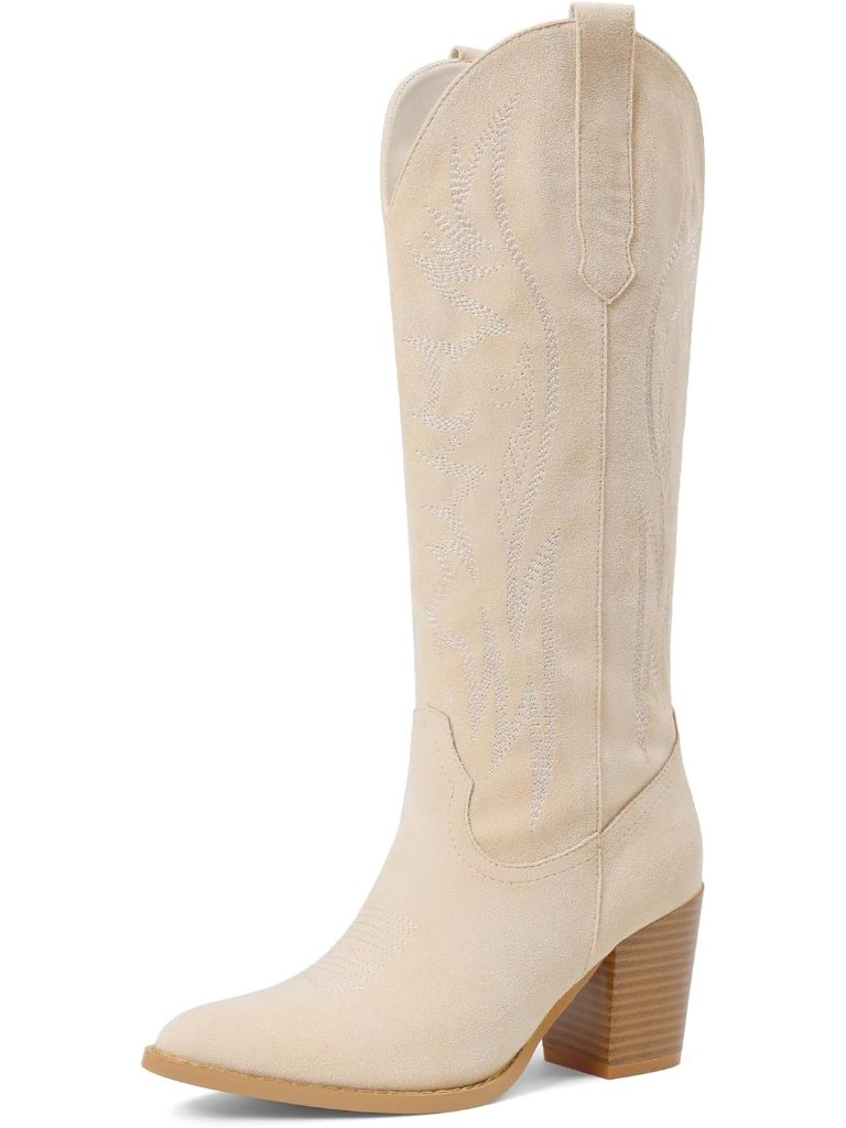 Women's Pointed Toe Knee High Cowgirl Boots Beige Wide Calf Embroidered Boots